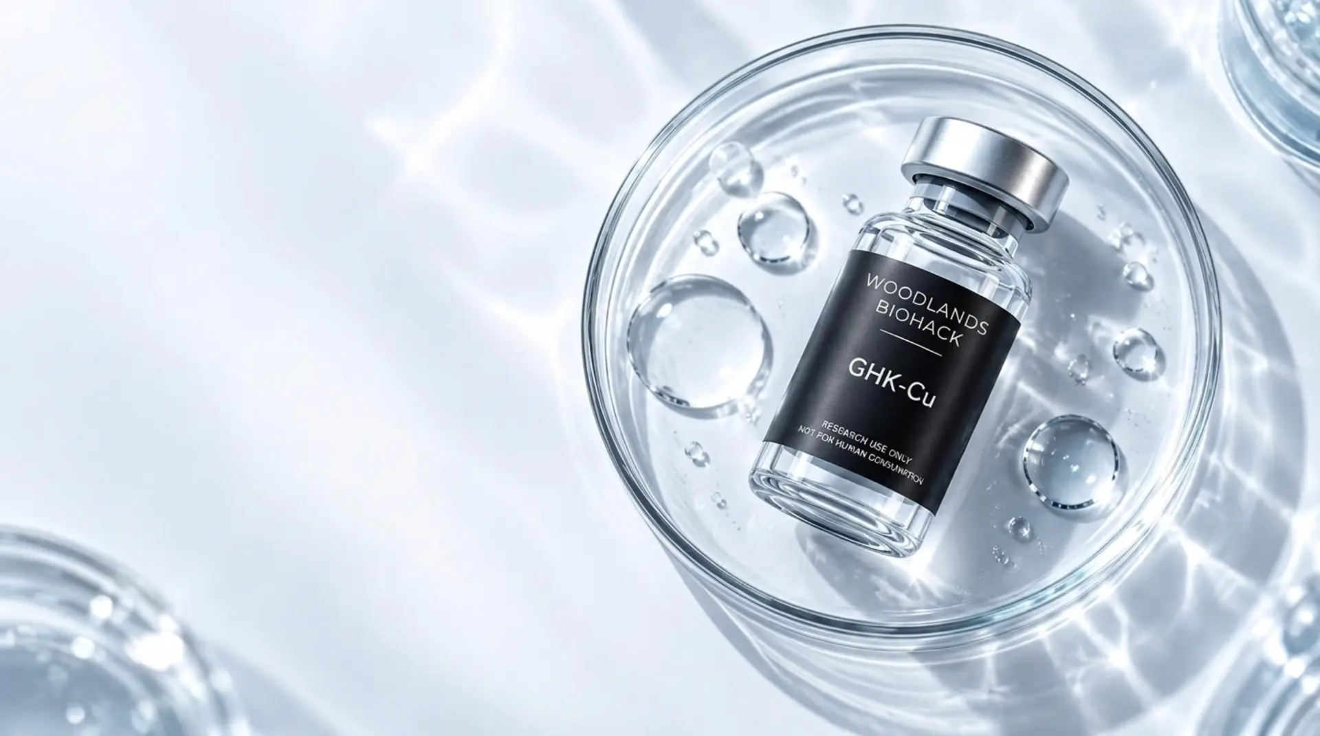 Woodlands Biohack branded research peptide vial resting in a laboratory dish under clinical lighting